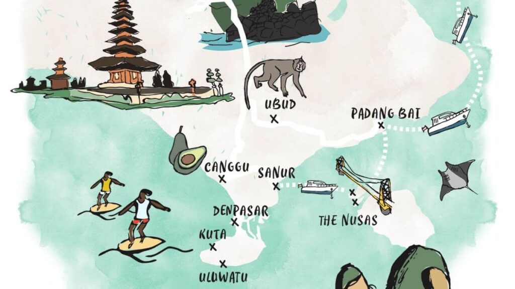 Bản đồ các địa điểm du lịch Bali gồm Ubud, Uluwatu, Tanah Lot và Nusa Penida