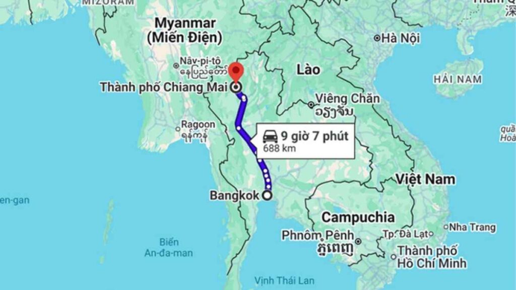 Bản đồ tuyến từ Bangkok đi Chiang Mai bằng máy bay tàu và xe khách