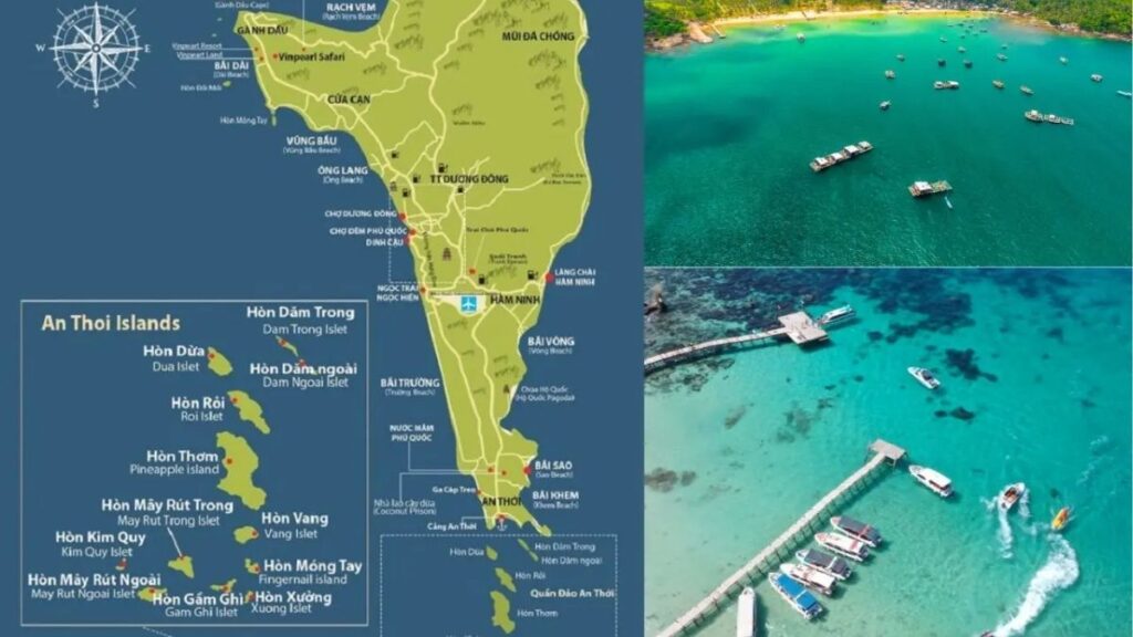 Bản đồ địa điểm du lịch Phú Quốc gồm Bắc đảo, Dương Đông, Nam đảo và các đảo An Thới
