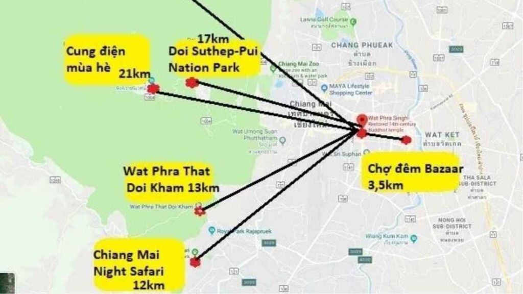 Bản đồ lịch trình Chiang Mai 4 ngày 3 đêm theo từng khu vực