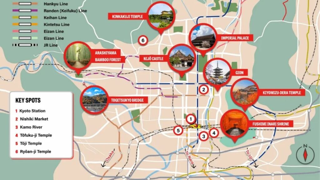 Bản đồ lịch trình Kyoto 3 ngày chia theo Higashiyama, Fushimi và Arashiyama