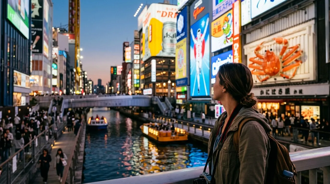 Dotonbori có gì chơi vào buổi chiều tối tại Osaka Dòng người tấp nập ngắm cảnh ven kênh rực rỡ ánh đèn led khi hoàng hôn buông xuống