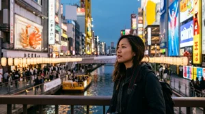 Thuyền chở du khách ngắm cảnh biển hiệu đèn neon dọc bờ kênh Tombori