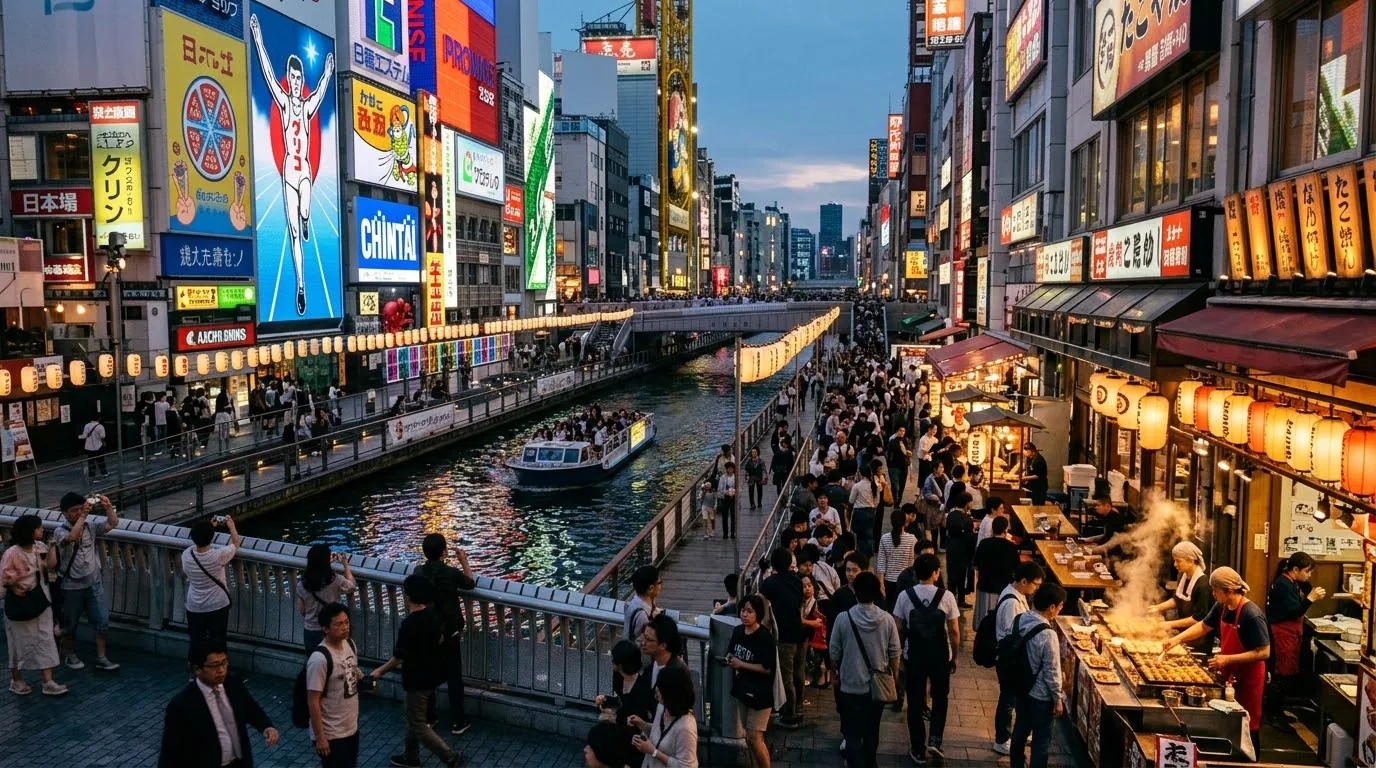 Biển hiệu cơ học chú cua Kani Doraku tại Dotonbori Biển hiệu quảng cáo cua Kani Doraku vẫy càng trên phố đi bộ Dotonbori