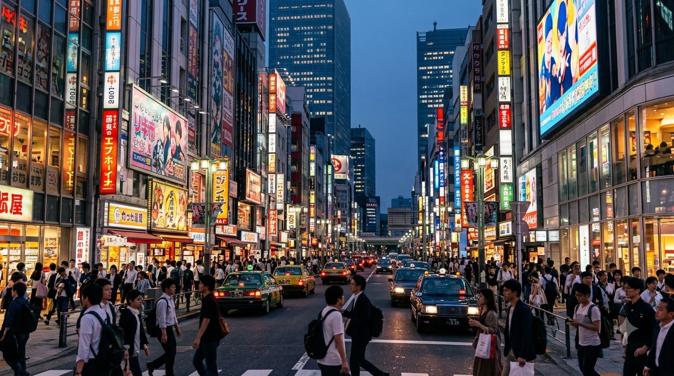 Phố Kabukicho tại Shinjuku về đêm với biển hiệu neon rực rỡ, nhà hàng và dòng người đi bộ