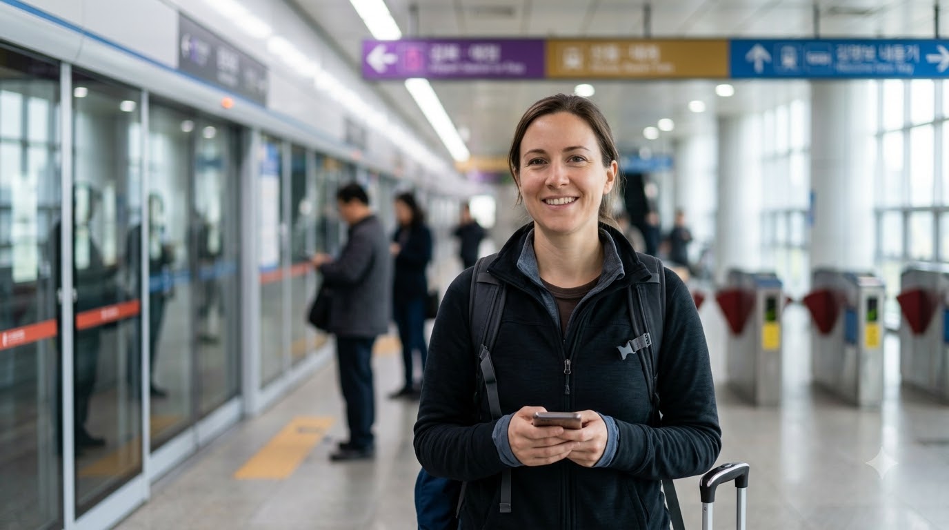 Sơ đồ tuyến AREX từ sân bay Gimpo đến Hongik University Station và Seoul Station, nối tuyến 4 đi Myeongdong